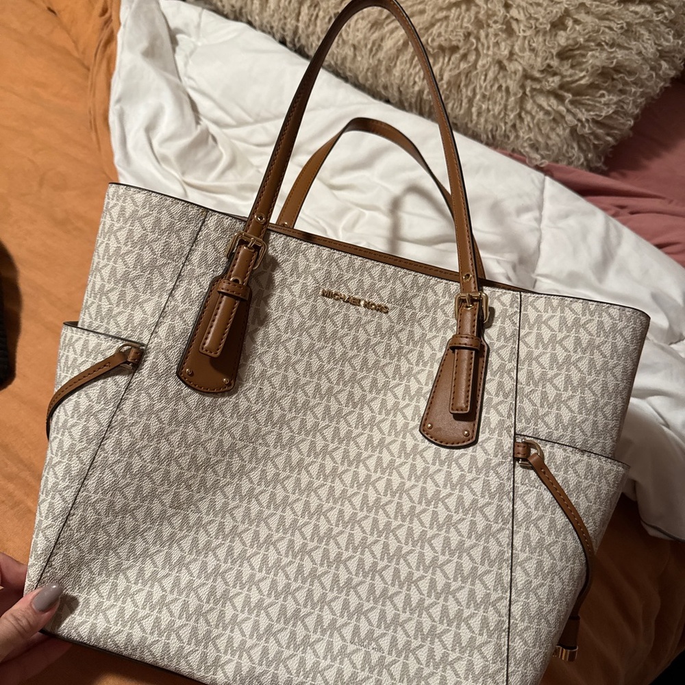 Michael Kors White and Tan Monogram Tote